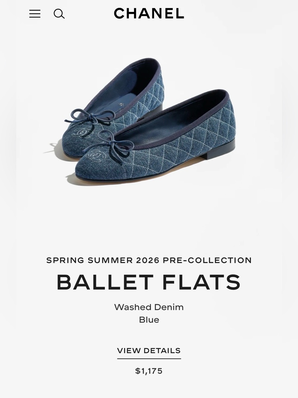 NWT Chanel - SS26 Quilted denim ballerina, in 36.5 (US6.5)